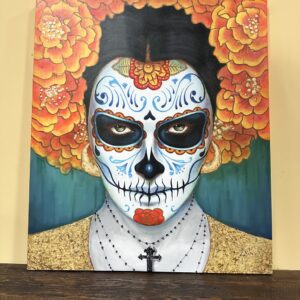 Pintura Catrina dia de los muertos. Con flores maravilla